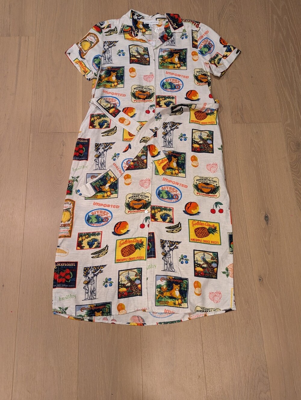 Vintage-Inspired Fruit Crate Print Shirt Dress - Cream Multi